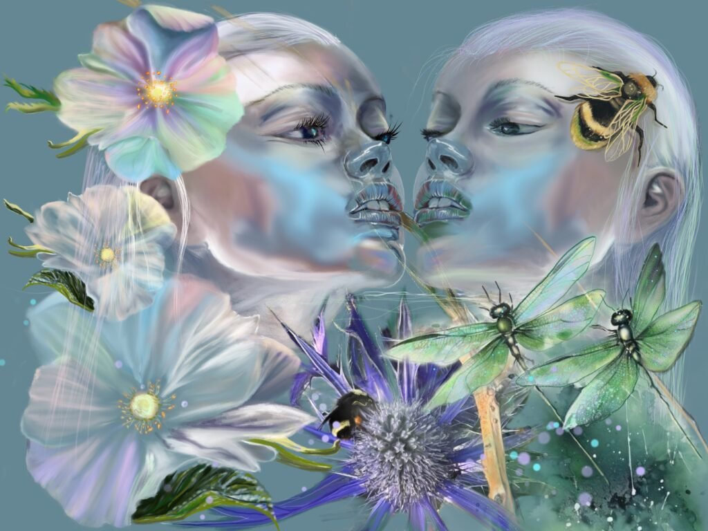 Two reflective faces with flowers—creativity and empathy in leadership